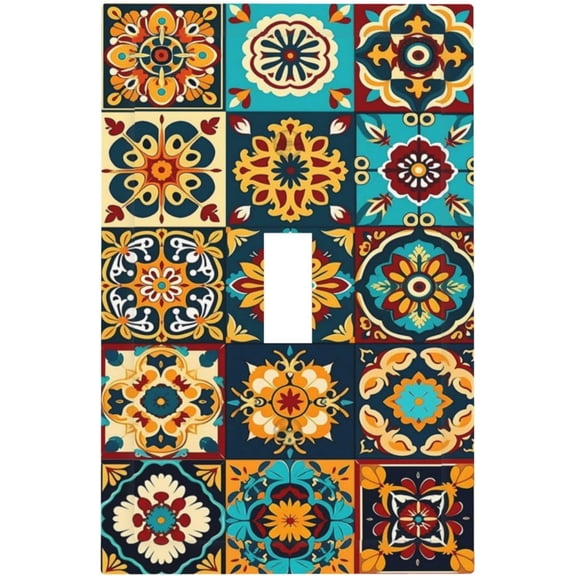Mexican Talavera Ceramic Tile Moroccan Boho Decorative Light Switch Cover 1 Gang Single Toggle Device Electrical Faceplate Switchplates Decorator Outlet Wall Plate for Bathroom Kitchen Decor