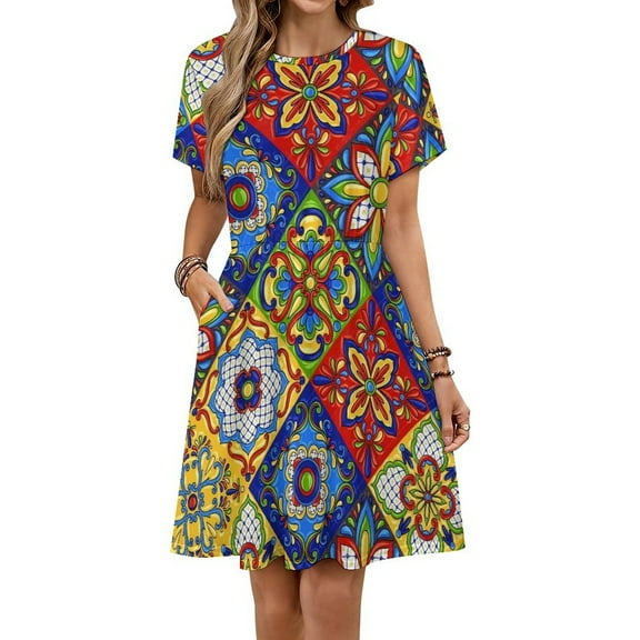 Mexican Talavera Ceramic Tile Pattern Dress Fashion Beach Short Sleeve Dresses Female Party Printed Sundress