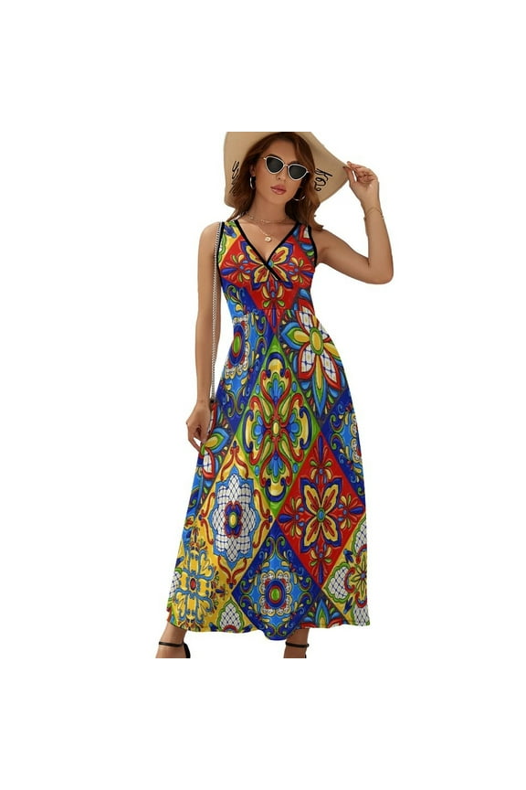 Mexican Talavera Ceramic Tile Pattern Dress Fashion Boho Beach Long Dresses Female Party Printed Maxi Dress