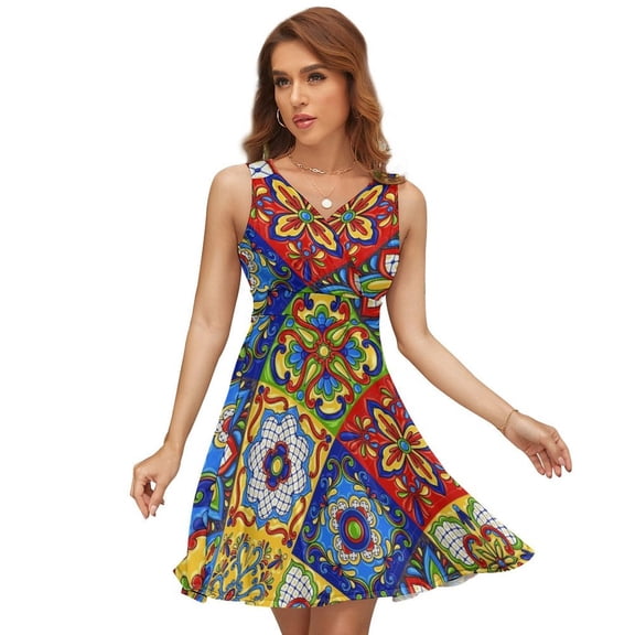 Mexican Talavera Ceramic Tile Pattern Dress Summer Street Style Dresses Female Sleeveless Printed Sundress