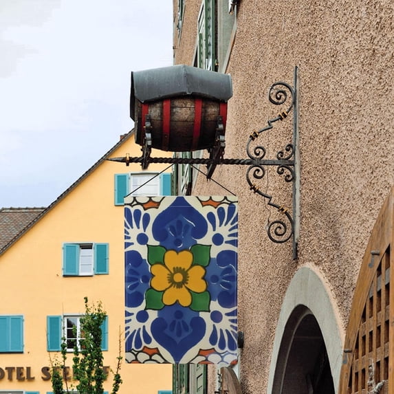 Mexican Talavera Ceramic Tile Pattern Ethnic Folk Burlap Garden Flag 12x18 Inch - Double Sided, All Weather