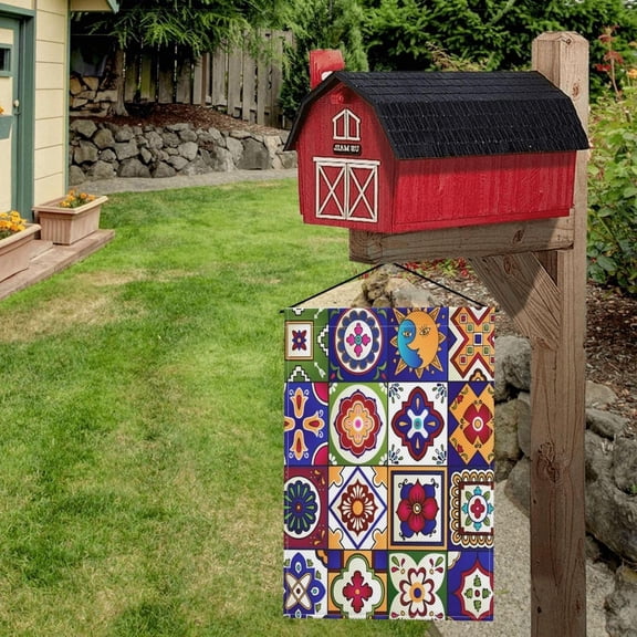 Mexican Talavera Ceramic Tile Pattern Ethnic Folk Lien Garden Yard Flag 12"x 18" Double Sided Welcome House Flag for Patio Lawn Outdoor Home Decor