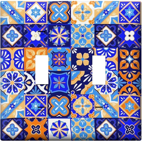 Mexican Talavera Ceramic Tile Pattern Light Switch Cover Decorative Double Toggle Wall Plate Electrical Switchplate Home Decor 2-Gang Electrical Outlet Covers for Bathroom Bedroom Decor