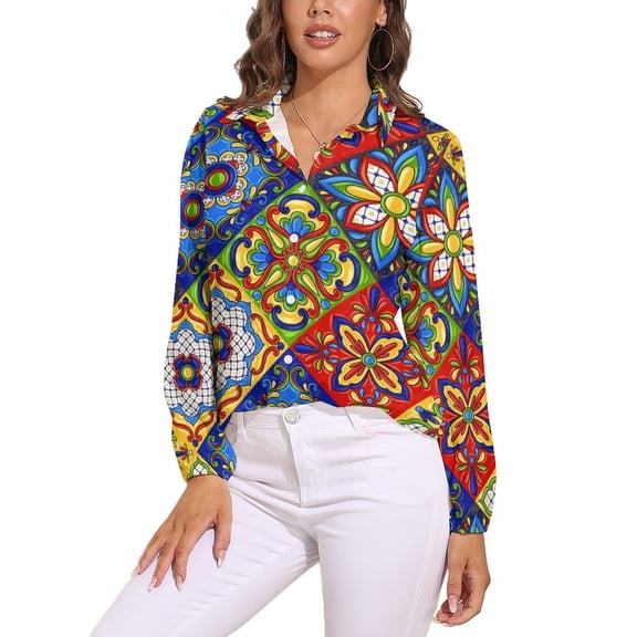 Mexican Talavera Ceramic Tile Pattern Long Sleeve Blouse Woman Streetwear Casual Shirts Summer Oversize Woman Streetwear Clothing Birthday Present