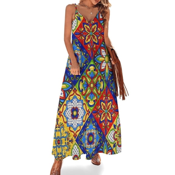 Mexican Talavera Ceramic Tile Pattern Sleeveless Dress Loose Women's Dress Dresses Luxury Evening Dresses