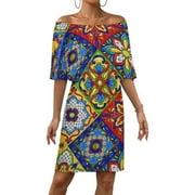 LINGTAIN Mexican Talavera Ceramic Tile Pattern Women's Off The Shoulder Ruffles Summer Wedding Guest Loose Casual Party Beach Dress