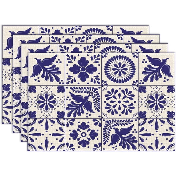 Mexican Talavera Ceramic Tile PlaceMats Set of 4, 12x18 Inch Fiesta Cinco De Mayo Rustic Washable Heat Resistant Table Mats for Kitchen Dining Party Decor.