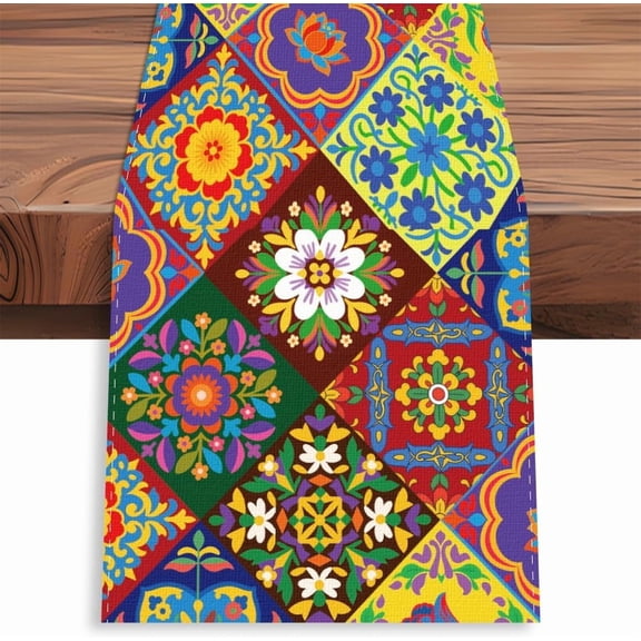 Mexican Talavera Ceramic Tile Table Runner 13x72 Inch Mexican Fiesta Kitchen Dining Table Decoration Farmhouse Holiday Tables Runners for DIY Home Kitchen Holiday Ethnic Folk Cinco De Mayo Party