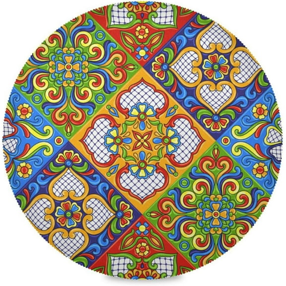 Mexican Talavera, Elastic Fitted Edged Round Tablecloth Fade resistant Anti-Shrink Table Cloth Washable Table Cover for Indoor or Outdoor and anywhere you wanna use it 72"X 72"