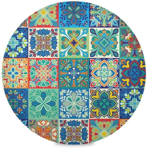 Mexican Talavera, Elastic Fitted Edged Round Tablecloth Fade resistant Anti-Shrink Table Cloth Washable Table Cover for Indoor or Outdoor and anywhere you wanna use it 60"X 60"