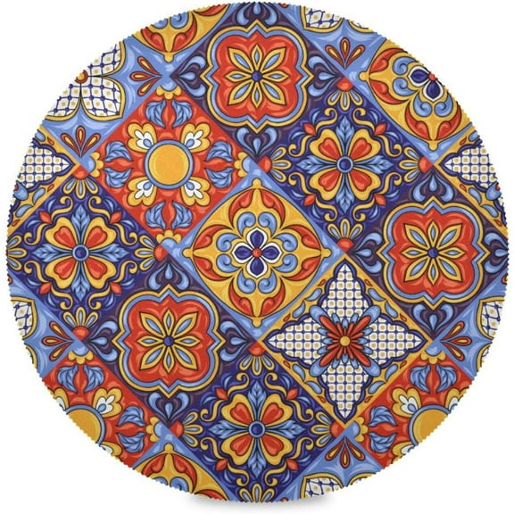 48"X 48" Mexican Tile Style Elastic Fitted Edged Round Tablecloth Fade Resistant Anti-Shrink Table Cloth Washable Table Cover for Banquet Home Indoor or Outdoor