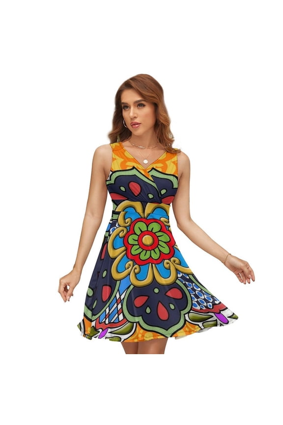 Mexican Talavera Flower Dress Summer Street Style Dresses Female Sleeveless Printed Sundress