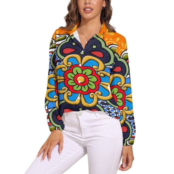 Mexican Talavera Flower Long Sleeve Blouse Woman Streetwear Casual Shirts Summer Oversize Woman Streetwear Clothing Birthday Present