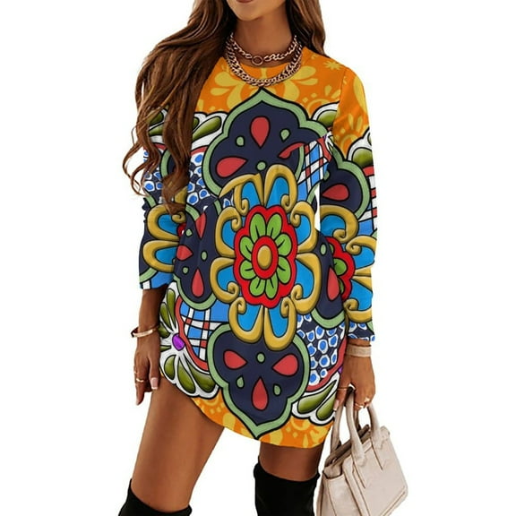 Mexican Talavera Flower Loose Dress Evening Dress Summer Dresses for Women Luxury Dress Long Sleeved Dress