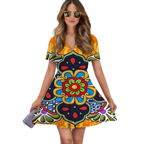 Mexican Talavera Flower Women Dress V-Neck Short Sleeve Flowy Swing Party Midi Dress