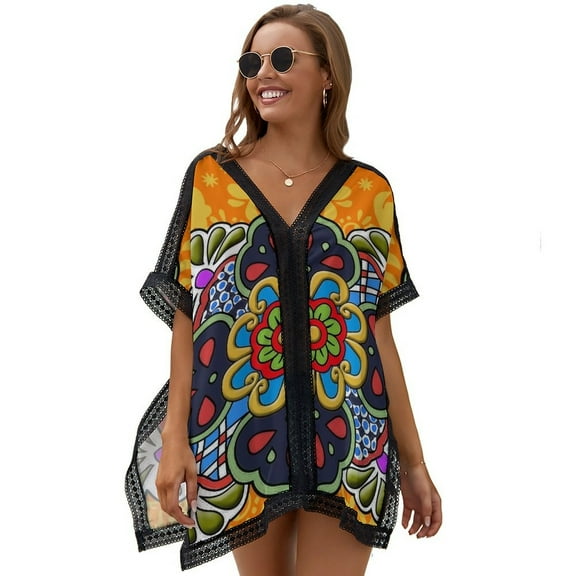 Mexican Talavera Flower Women's Swimsuit Coverup Summer Beach Cover Up Bathing Suit Dress