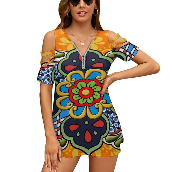 Mexican Talavera Flower Womens Summer V Neck Zipper Top Short Sleeve T Shirt Off Shoulder Top Casual Classy Loose Shirts
