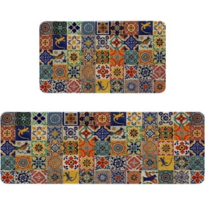Mexican Talavera Kitchen Rugs Sets of 2 Non Slip Washable, Mexican Tile Kitchen Mats for Floor 2 Piece Home Decor