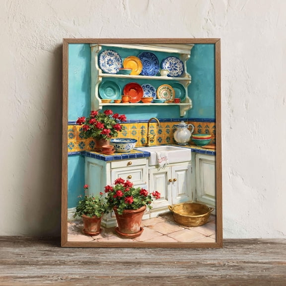 Mexican Talavera Kitchen Wall Art Print, Farmhouse Sink Geranium Decor