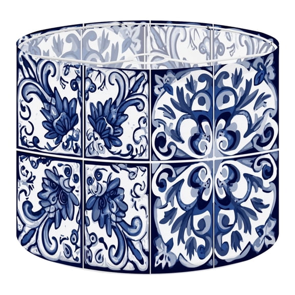 Mexican Talavera Linen Drum Lampshades Blue White Floral Tile Ornate Details 13"x13"x10" Light Shade for Table Lamps Floor Lamp Shades Lampshade Replacement Assembly Required