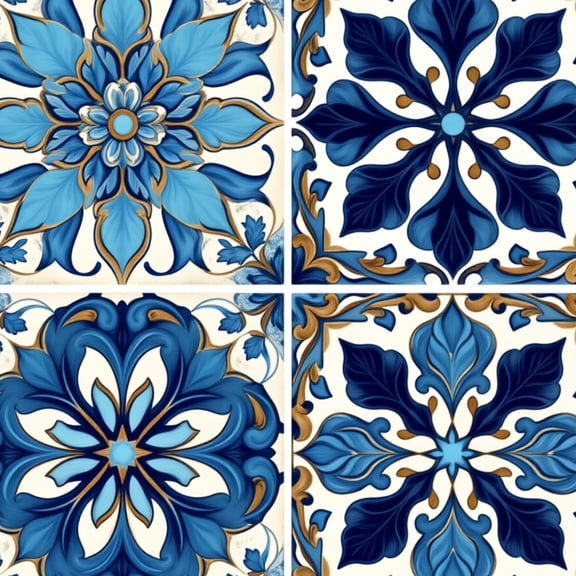 Mexican Talavera Peel and Stick Wallpaper Blue Floral Ceramic Tile Gold Accents Wall Mural 17.7in x 9.8ft Self Adhesive Removable Wall Paper Renter Friendly Wallpaper for Bedroom