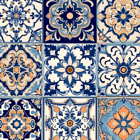 Mexican Talavera Peel and Stick Wallpaper Blue Orange Floral Ceramic Tile Intricate Design Wall Mural 23.6in x 9.8ft Self Adhesive Removable Wall Paper Renter Friendly Wallpaper for Bedroom