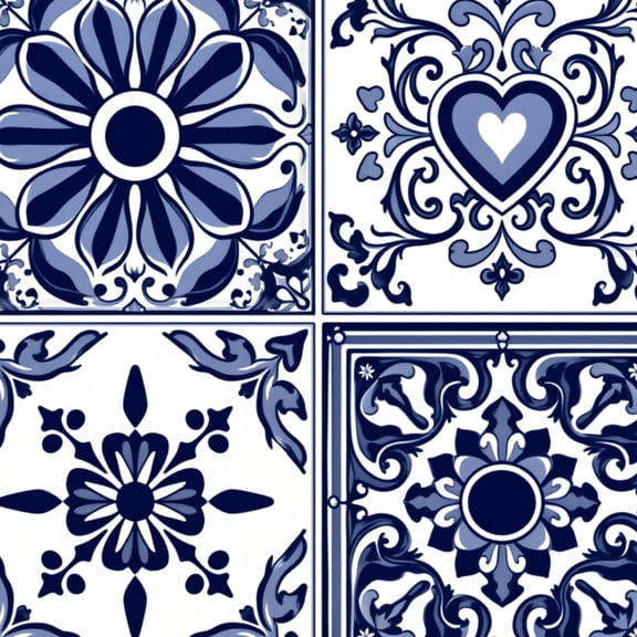 Mexican Talavera Peel and Stick Wallpaper Blue White Floral Tile Ornate Details Wall Mural 17.7in x 9.8ft Self Adhesive Removable Wall Paper Renter Friendly Wallpaper for Bedroom