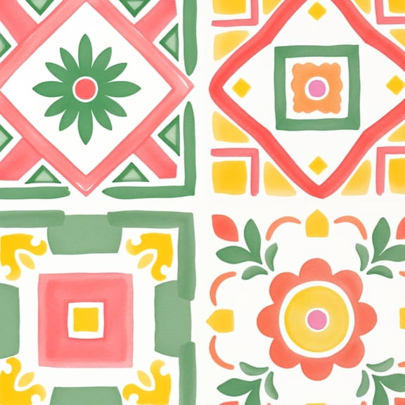 Mexican Talavera Peel and Stick Wallpaper Floral Geometric Tile Coral Green Yellow Wall Mural 23.6in x 9.8ft Self Adhesive Removable Wall Paper Renter Friendly Wallpaper for Bedroom