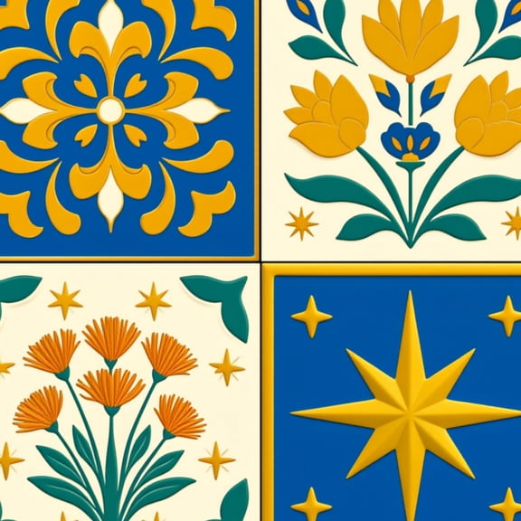 Mexican Talavera Peel and Stick Wallpaper Floral Star Tile Blue Yellow Scandinavian Folk Wall Mural 17.7in x 9.8ft Self Adhesive Removable Wall Paper Renter Friendly Wallpaper for Bedroom