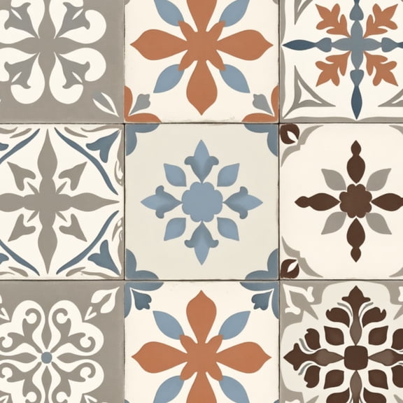 Mexican Talavera Peel and Stick Wallpaper Floral Tile Set Blue Terracotta Beige Tones Wall Mural 17.7in x 9.8ft Self Adhesive Removable Wall Paper Renter Friendly Wallpaper for Bedroom