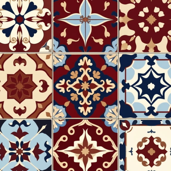 Mexican Talavera Peel and Stick Wallpaper Vintage Floral Burgundy Blue Beige Tones Tile Wall Mural 17.7in x 9.8ft Self Adhesive Removable Wall Paper Renter Friendly Wallpaper for Bedroom