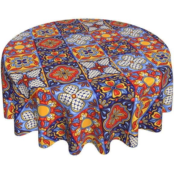 Mexican Talavera Round Tablecloth 60 Inch Mexican Tablecloth Round Dining Table Cover Mexican Ceramic Tile Table Cloth Elegant Tablecloths for Round Tables Kitchen Dining Room Indoor Outdoor