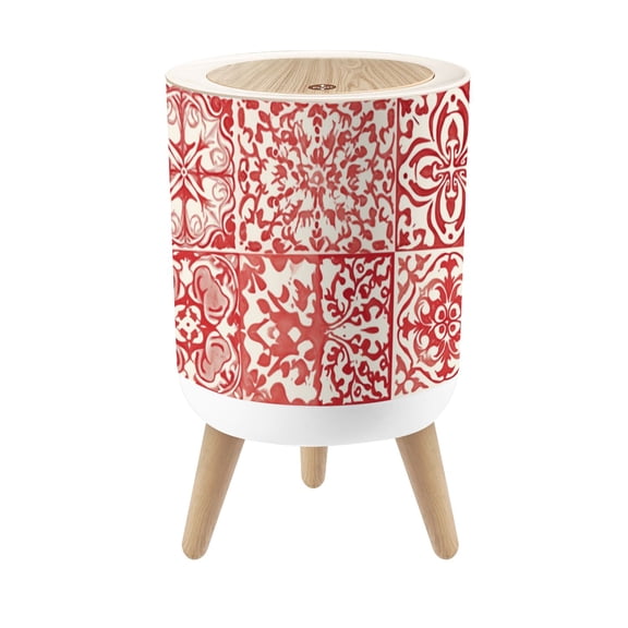 Mexican Talavera Small Trash Can with Lid Red White Tile Floral Geometric pink 1.8 Gallon Dog Proof Trash Can Round Garbage Can Waste Bin Wastebasket for Bathroom Bedroom Living Room