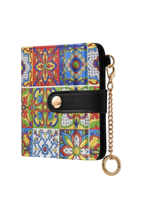 Mexican Talavera Small Wallet for Women RFID Blocking Bifold PU Leather Credit Card Holder with Zipper Coin Pocket Compact Cute Travel Purse Magnetic Snap 7 Card Slots