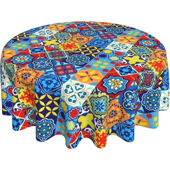 Mexican Talavera Tablecloth 60 inch Round, Durable Table Cover for Kitchen Dining Room, Holiday Tablecloth for Party Dinner