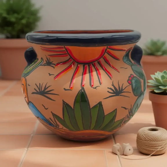 Mexican Talavera Terracotta Planter | Hand-Painted Desert Pot