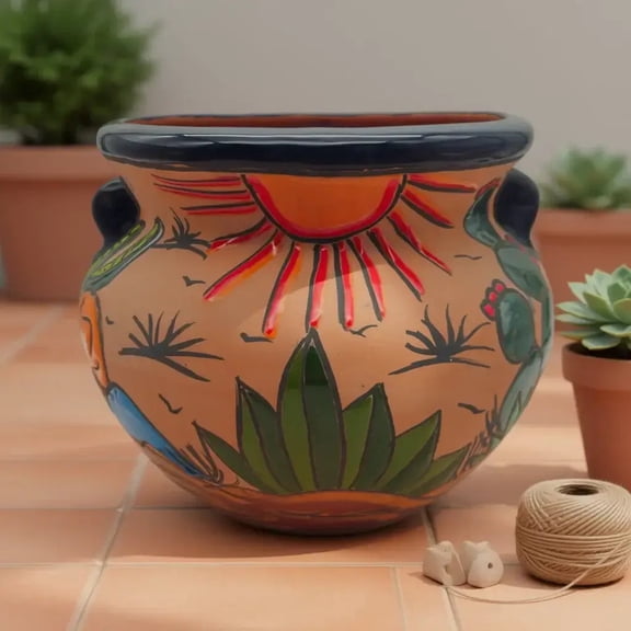 Mexican Talavera Terracotta Planter | Hand-Painted Desert Pot