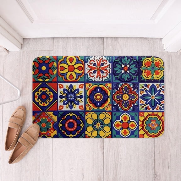 Mexican Talavera Tile Bathroom Rug Set - Colorful Mexico Tiles Bath Mat, Vintage Floral Patchwork Doormat 16 x 24 Inch for Kids Adults, Exotic Ethnic Aesthetic Bath Rug Room Decor