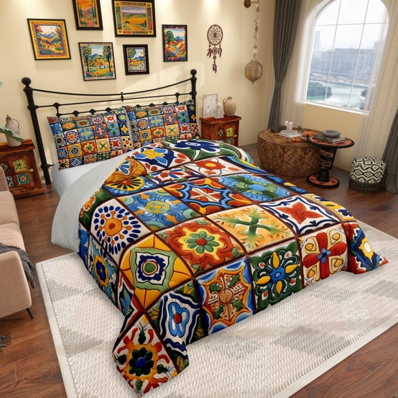 Mexican Talavera Tile Comforter Set King Size,Exotic Boho Style Bedding Set for Kids Adults Room Decor,Colorful Bohemian Quilt Bed Set Geometric Flower Down Comforter 3Pcs