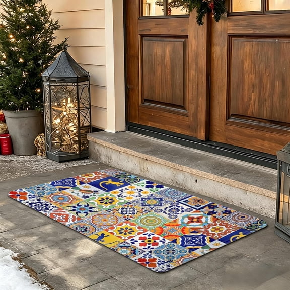Mexican Talavera Tile Doormat 24x36, Diatomaceous Earth Door Mat, Colorful Folk Art Welcome Mat for Front Door Entryway