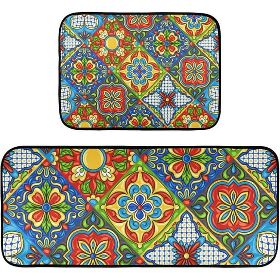 Mexican Talavera Tile Kitchen Rugs and Mats Set 2 Piece Non Slip Washable Runner Rug Set of 2 for Floor Home Kitchen Laundry Decorative