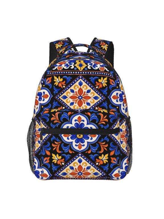 Mexican Talavera Tile Pattern Print Backpack Casual College Bag Zipper Laptop Daypack Hiking Rucksack Travel