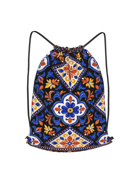 Mexican Talavera Tile Pattern Print Drawstring Backpack Gym String Bag Sports Sackpack Cinch Sack, M