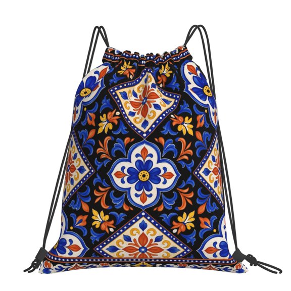 Mexican Talavera Tile Pattern Print Large Drawstring Backpack Casual Cinch Sack Bag Backpack for Sports Hiking Travel Gym