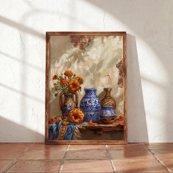 Mexican Talavera Vase Un Poster Marigold Cempasúchil Wall Art Hispanic Heritage Latinx Kitchen Decor Rustic Blue Pottery Print Unframed Paper Print