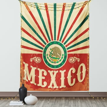 Mexican Tapestry, Retro Pop Art Style Mexico Calligraphy with Tribal Classic Icon on Grunge Image, Wall Hanging for Bedroom Living Room Dorm Decor, 40W X 60L Inches, Multicolor, by Ambesonne