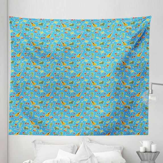 Mexican Tapestry, Traditional Culture Themed Pattern of Colorful Country of Mexico, Fabric Wall Hanging Decor for Bedroom Living Room Dorm, 5 Sizes, Sky Blue and Multicolor, by Ambesonne