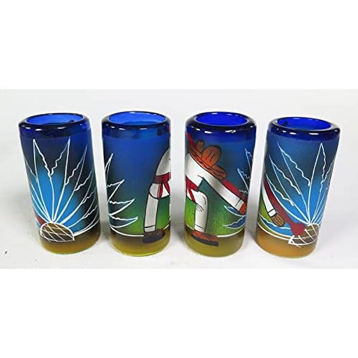 Mexican Tequila Shot Glasses with Tequila Making Scene, Jimador with Blue Agave Cactus handmade