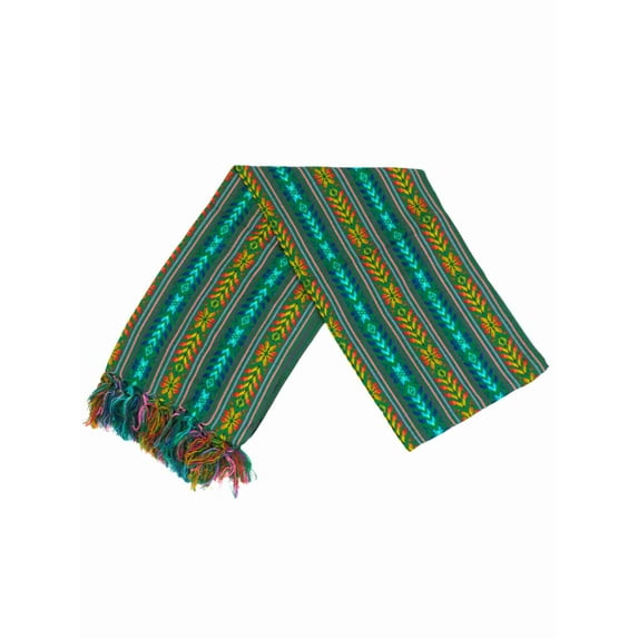 Mexican Textile – Green Woven Table Runner, Tablecloth, or Backdrop with Fringe