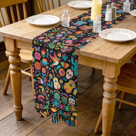 Mexican Texture 10ft Cheesecloth Table Runner for Wedding 27"x120", Rainbow Guitar Flowers Plant Animal Vintage Kitchen Dinner Sheer Tulle Chiffon Dresser Scarf, Holiday Party Decorations